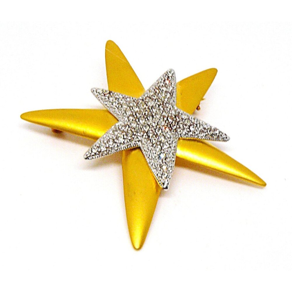 Vintage Gold & Silver Star Brooch Rhinestones Unique 1960s Retro Jewelry 3.75 "